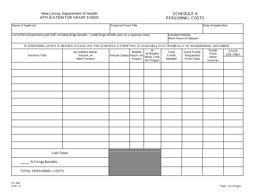Form FS-40A Schedule A  Printable Pdf