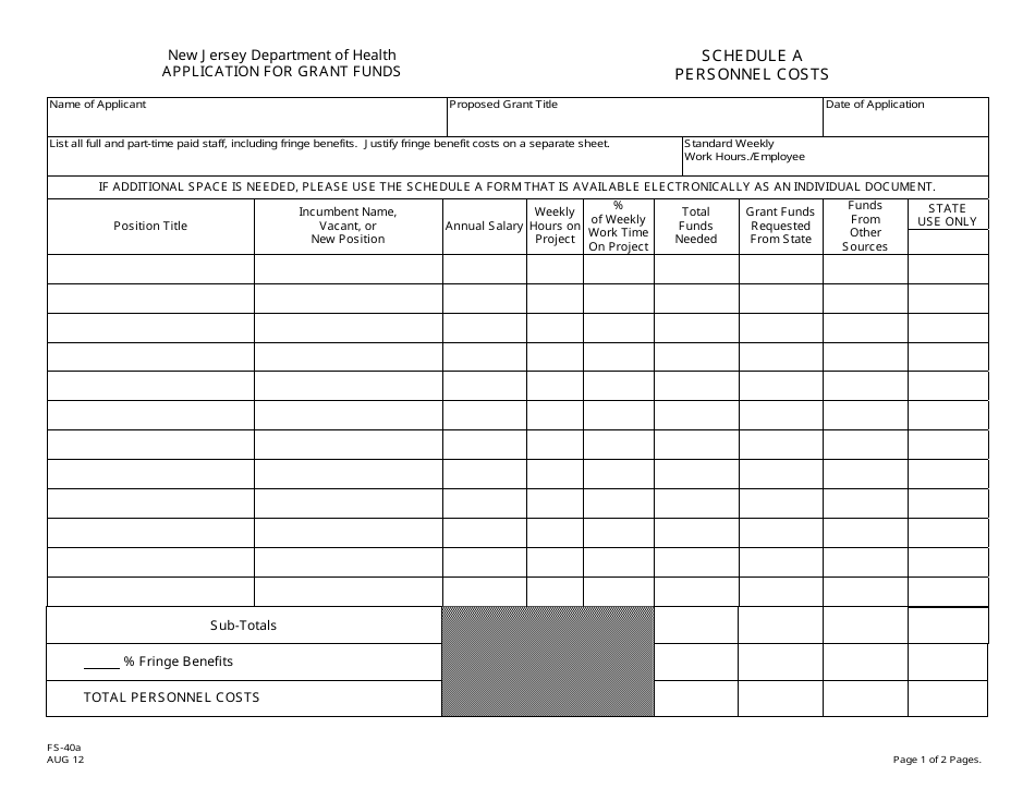 Form FS-40A Schedule A Personnel Costs and Justification - New Jersey, Page 1