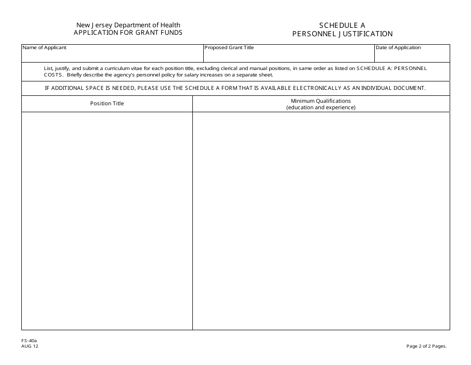 Form FS-40A Schedule A Personnel Costs and Justification - New Jersey, Page 2