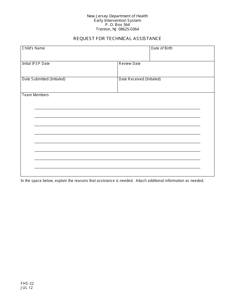 Form FHS-22 Request for Technical Assistance - New Jersey, Page 1