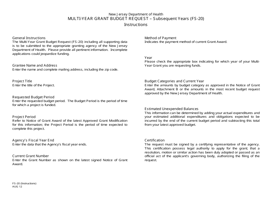 Form FS-20 Multi-Year Grant Budget Request - New Jersey, Page 2