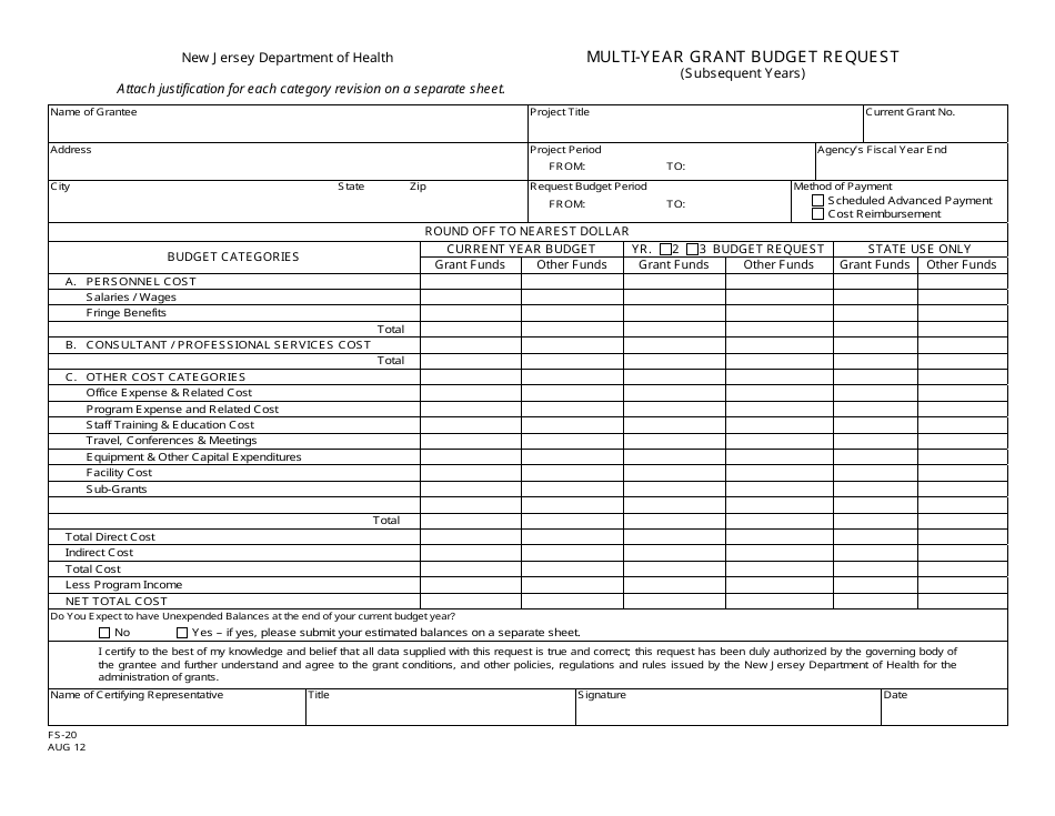 Form FS-20 Multi-Year Grant Budget Request - New Jersey, Page 4