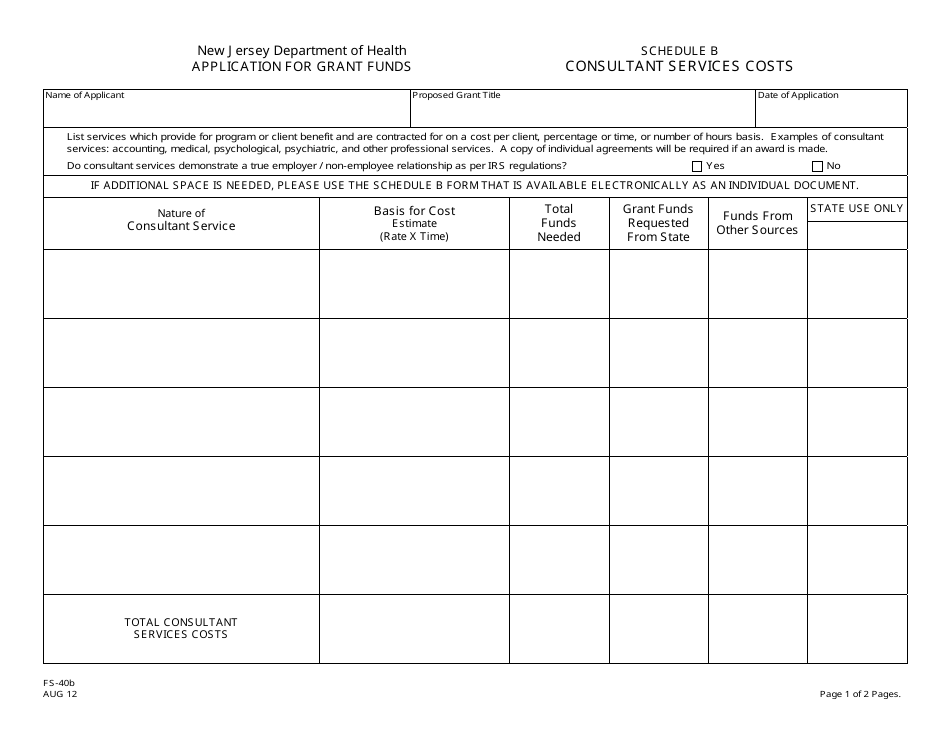 Form FS-40B Schedule B Consultant Services Costs and Justification - New Jersey, Page 1