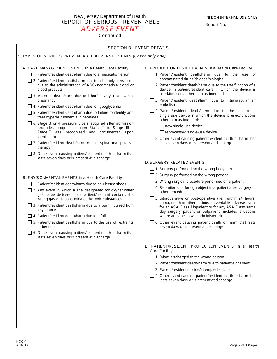 Form HCQ-1 Report of Serious Preventable Adverse Event in a New Jersey Licensed Health Care Facility - New Jersey, Page 2