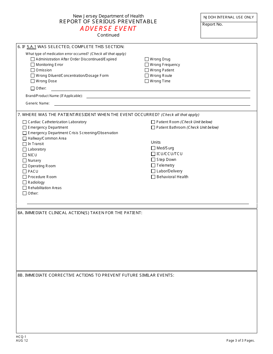 Form HCQ-1 Report of Serious Preventable Adverse Event in a New Jersey Licensed Health Care Facility - New Jersey, Page 3