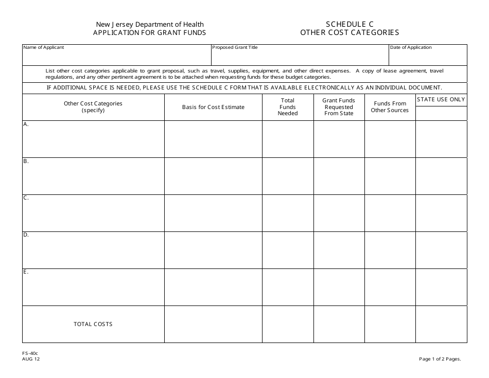 Form FS-40C Schedule C Other Cost Categories and Justification - New Jersey, Page 1