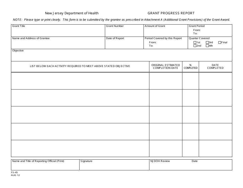Form FS-45 Grant Progress Report - New Jersey, Page 1