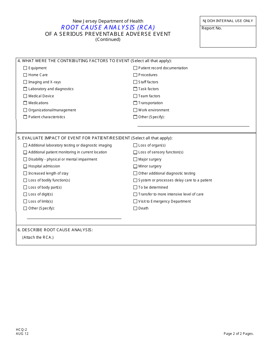 Form HCQ-2 Root Cause Analysis (Rca) of Serious Preventable Adverse Event in a New Jersey Licensed Health Care Facility - New Jersey, Page 2