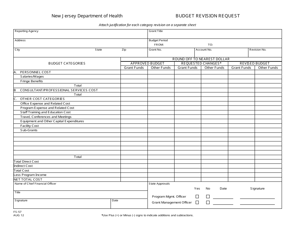 Form FS-57 Budget Revision Request - New Jersey, Page 1