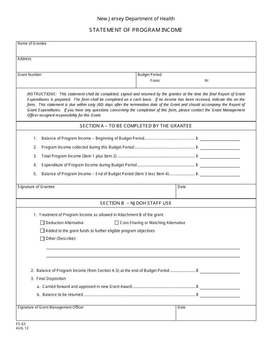 Form FS-63 Statement of Program Income - New Jersey, Page 1