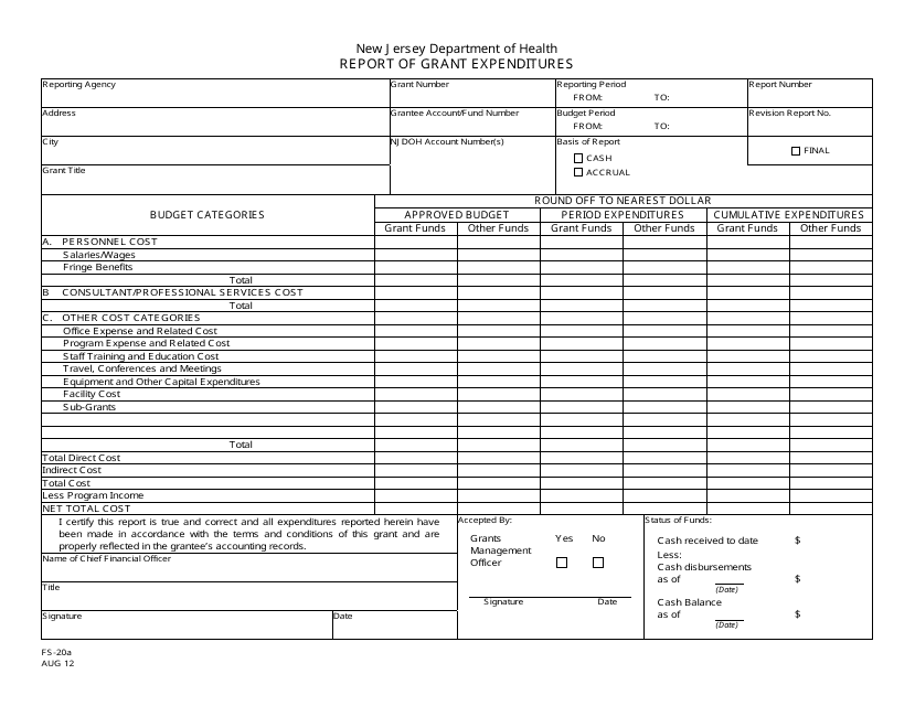 Form FS-20A Report of Grant Expenditures - New Jersey