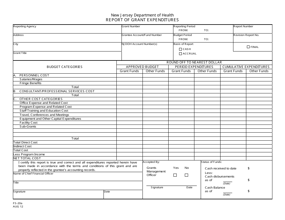 Form FS-20A Report of Grant Expenditures - New Jersey, Page 1