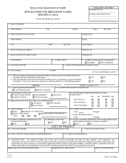 Form FS-77 Application for Mini-Grant Funds - New Jersey