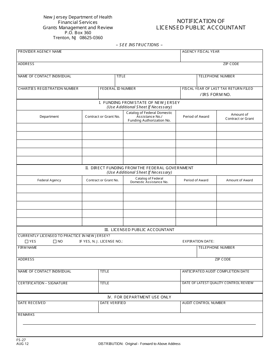 Form FS-27 Notification of Licensed Public Accountant - New Jersey, Page 1