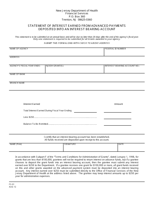 Form FS-91 Statement of Interest Earned From Advance Payments Deposited Into an Interest Bearing Account - New Jersey