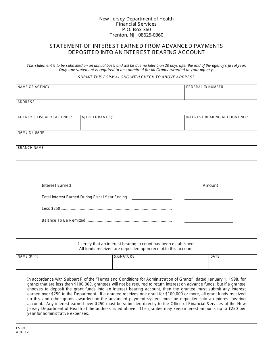 Form FS-91 Statement of Interest Earned From Advance Payments Deposited Into an Interest Bearing Account - New Jersey, Page 1