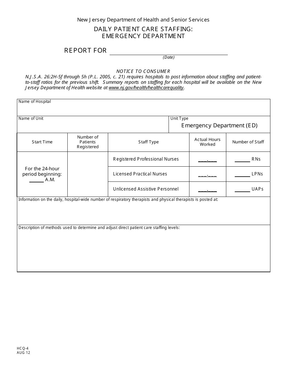 Form HCQ-4 Daily Patient Care Staffing: Emergency Department - New Jersey, Page 1