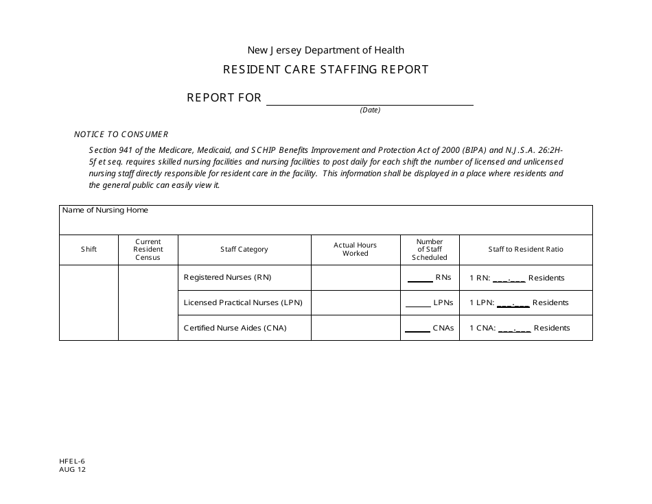 Form HFEL-6 Resident Care Staffing Report - New Jersey, Page 1