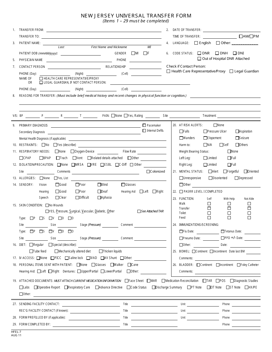 Form HFEL-7 New Jersey Universal Transfer Form - New Jersey, Page 1