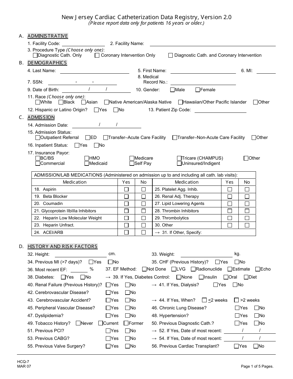 Form HCQ-7 New Jersey Cardiac Cathereterization Data Registry - New Jersey, Page 1