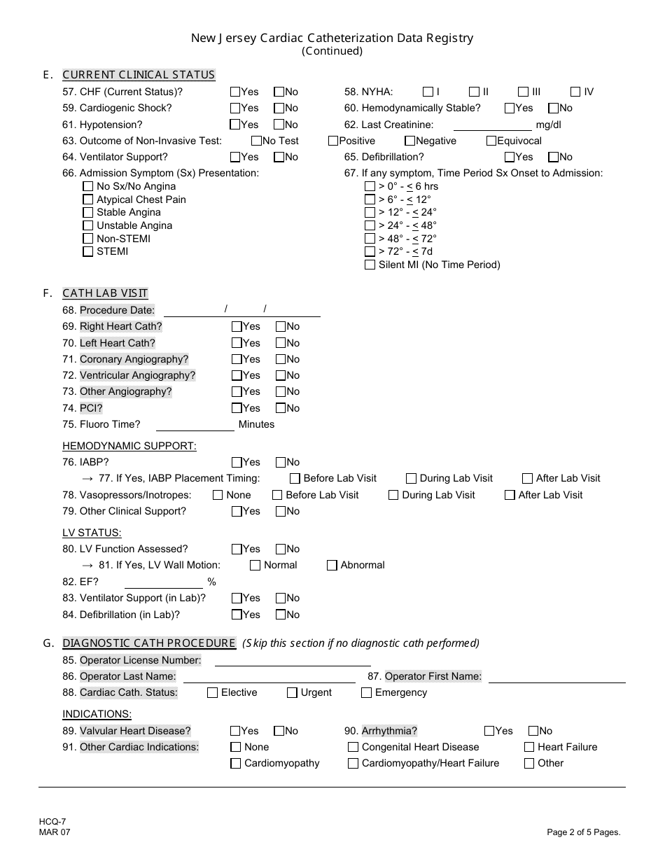 Form HCQ-7 New Jersey Cardiac Cathereterization Data Registry - New Jersey, Page 2
