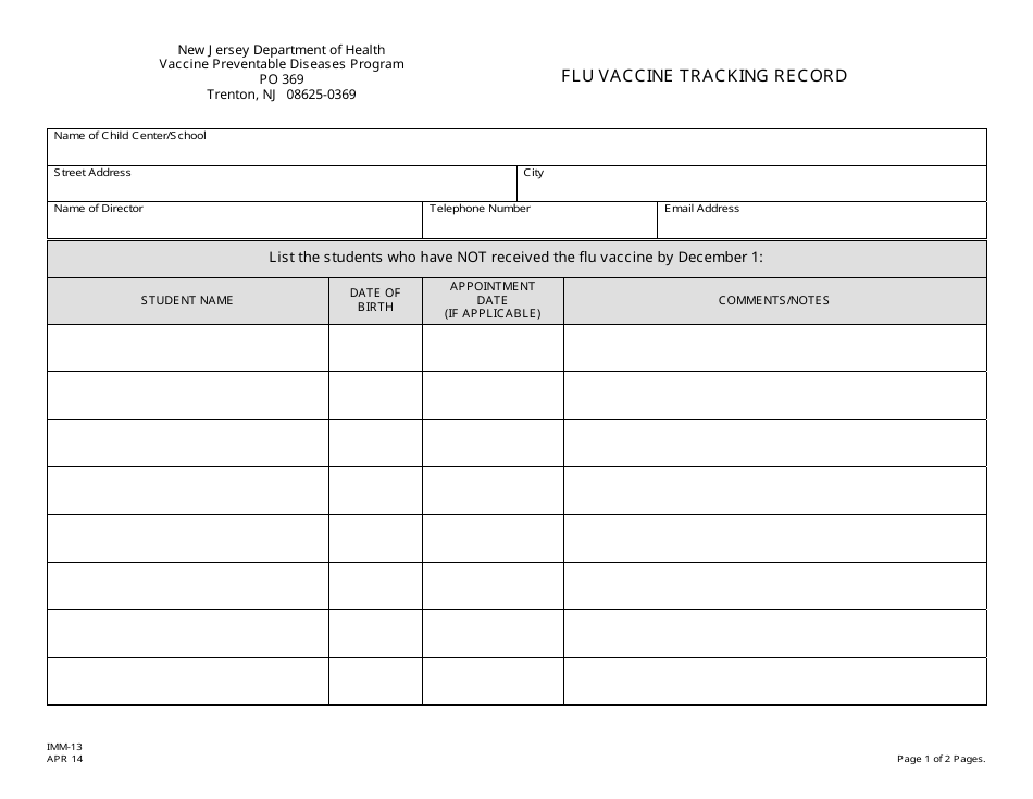 Form IMM-13 Flu Vaccine Tracking Record - New Jersey, Page 1