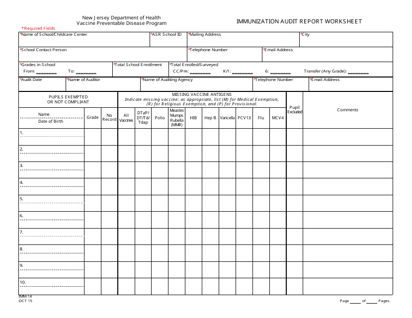 Form IMM-14 Immunization Audit Report Worksheet - New Jersey