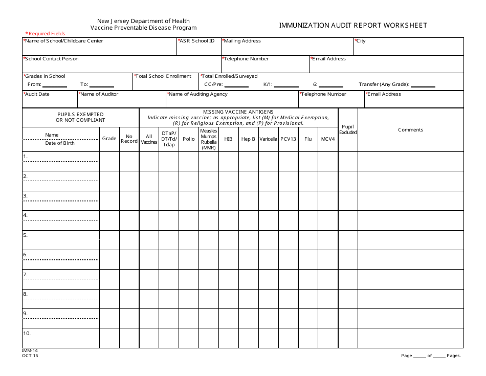 Form IMM-14 Immunization Audit Report Worksheet - New Jersey, Page 1