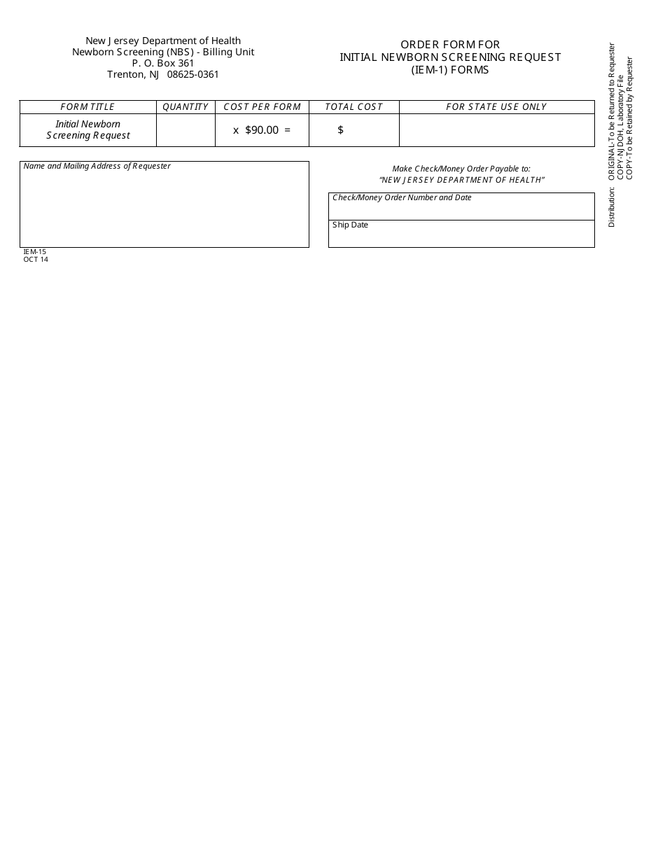 Form IEM-15 Order Form for Initial Newborn Screening Request (Iem-1) Forms - New Jersey, Page 1