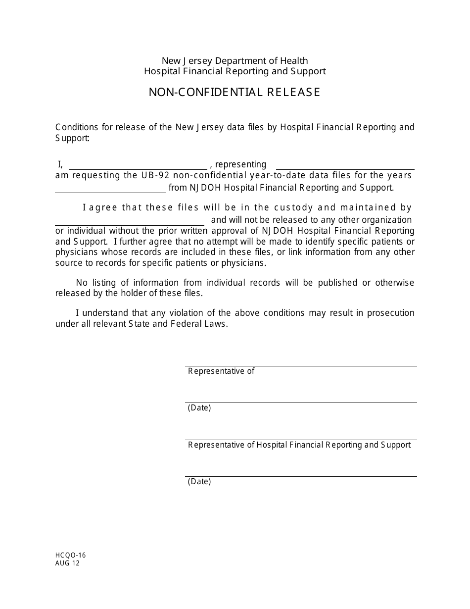 Form HCQO-16 Non-confidential Release - New Jersey, Page 1