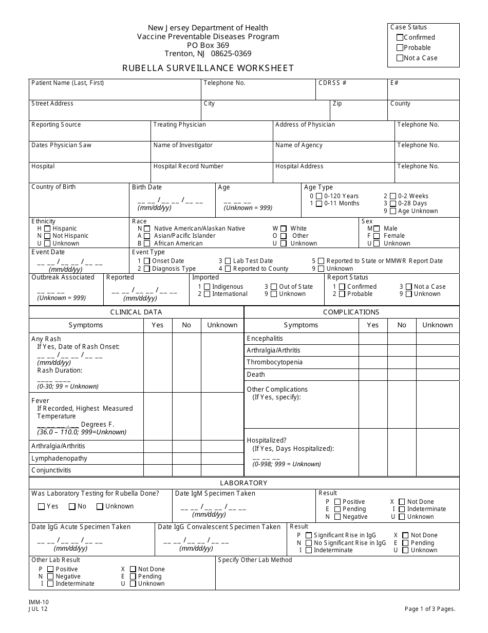 Form IMM-10 Rubella Surveillance Worksheet - New Jersey, Page 1