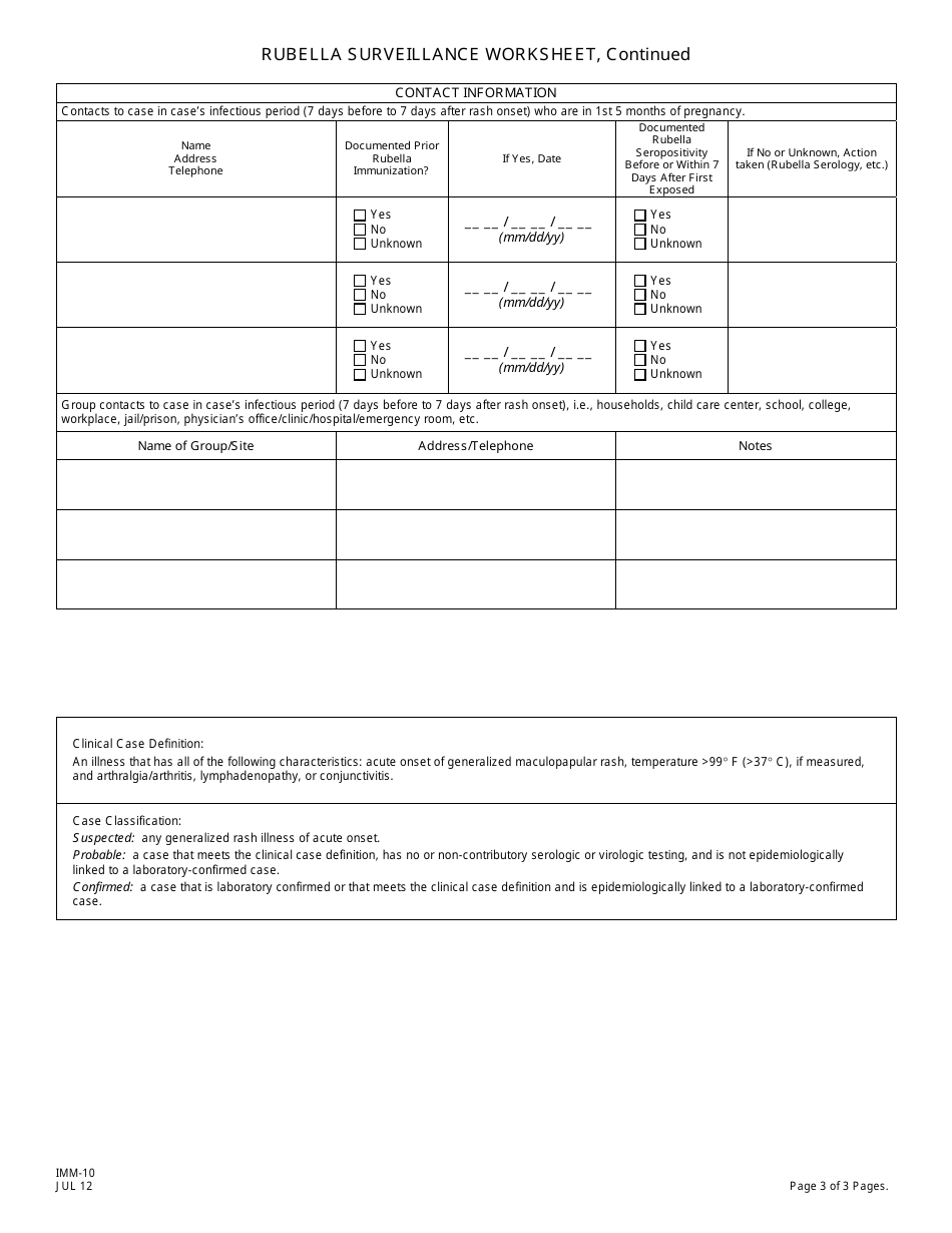 Form IMM-10 Rubella Surveillance Worksheet - New Jersey, Page 3