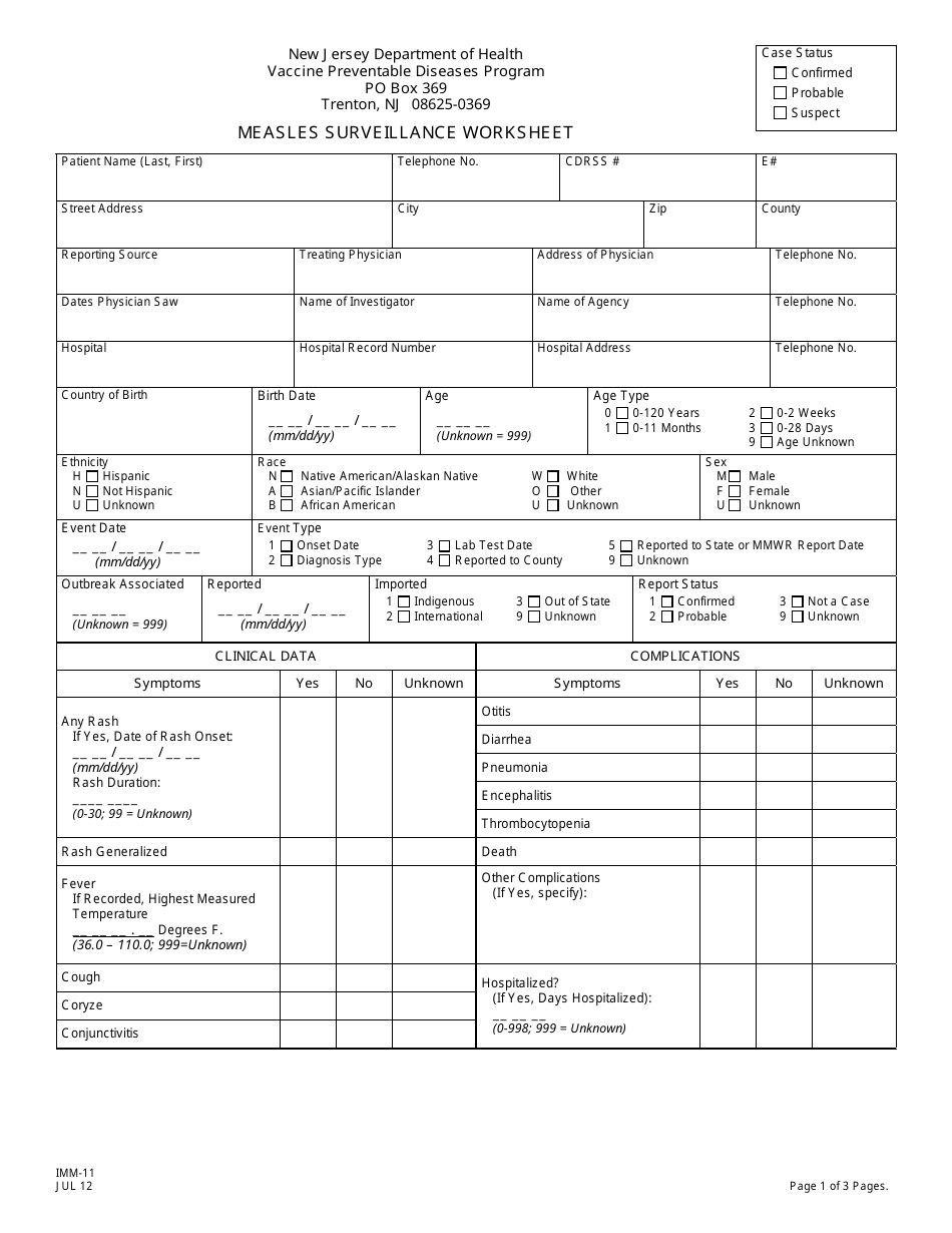 Form IMM-11 Measles Surveillance Worksheet - New Jersey, Page 1