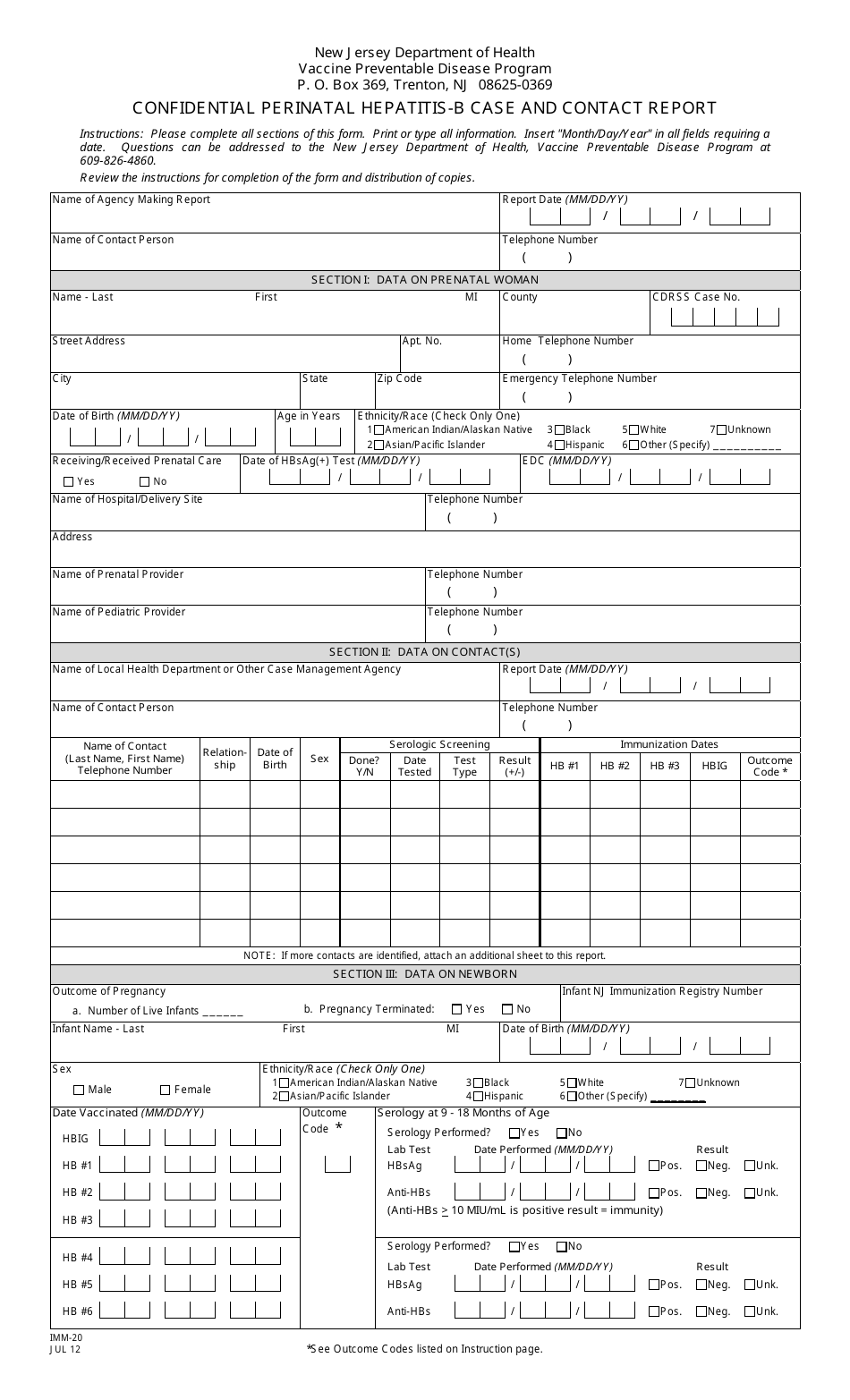 Form IMM-20 Confidential Perinatal Hepatitis-B Case and Contact Report - New Jersey, Page 1