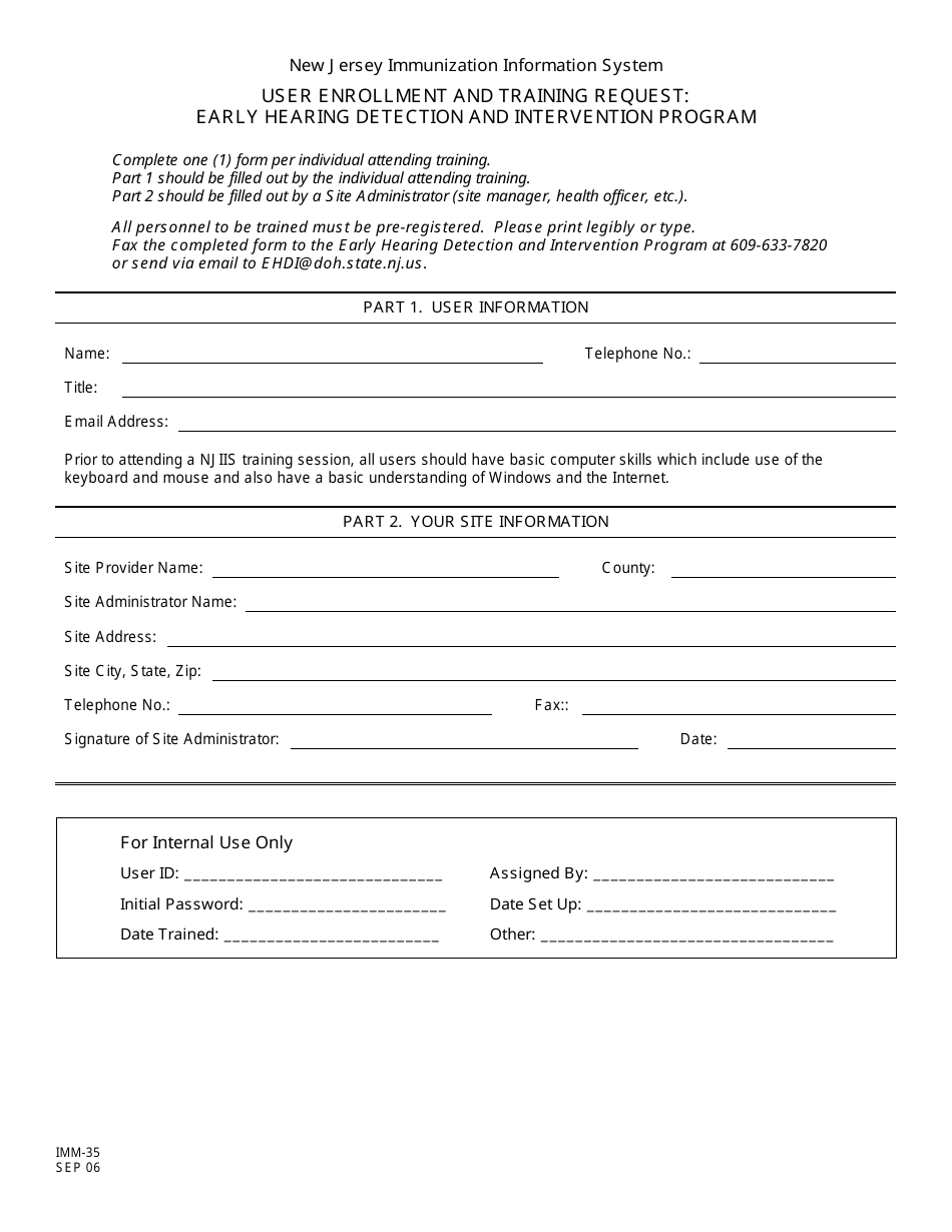 Form IMM-35 User Enrollment and Training Request: Early Hearing Detection and Intervention Program - New Jersey, Page 1