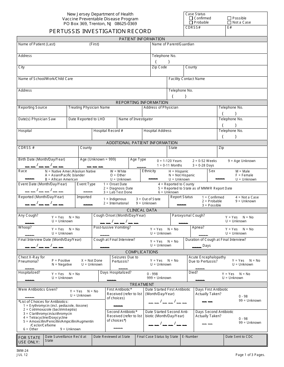 Form IMM-24 Pertussis Investigation Record - New Jersey, Page 1