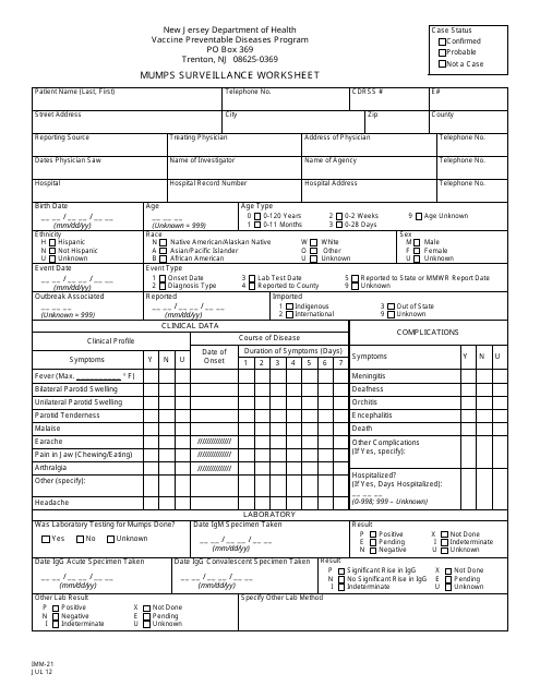 Form IMM-21 Mumps Surveillance Worksheet - New Jersey