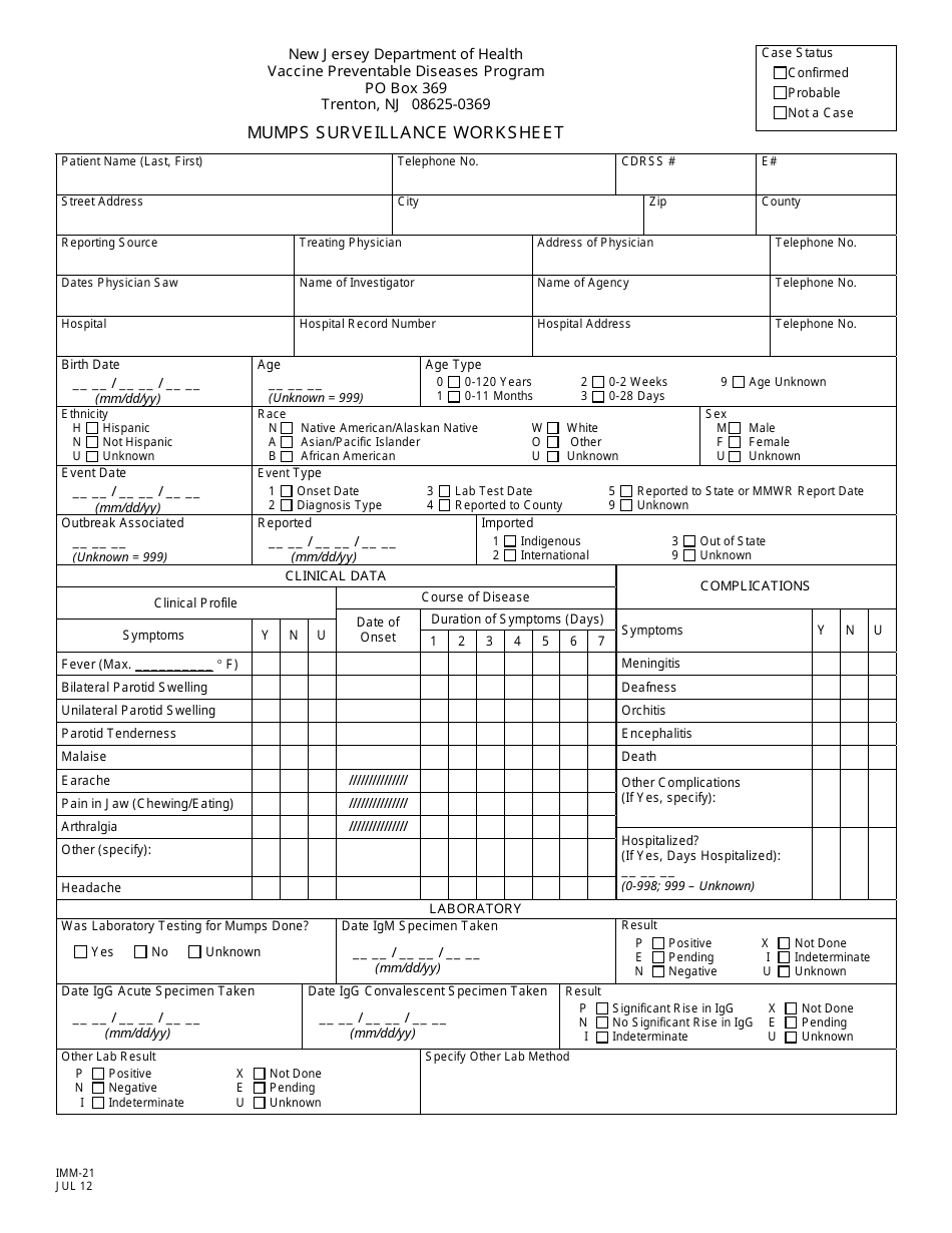 Form IMM-21 Mumps Surveillance Worksheet - New Jersey, Page 1