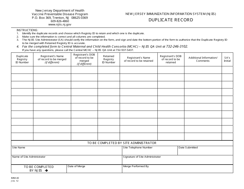 Form IMM-40 New Jersey Immunization Information System (Njiis) Duplicate Record - New Jersey, Page 1