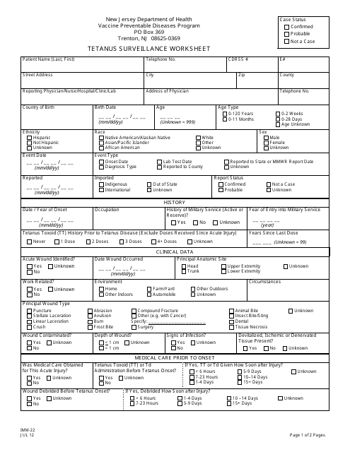 Form IMM-22 Tetanus Surveillance Worksheet - New Jersey