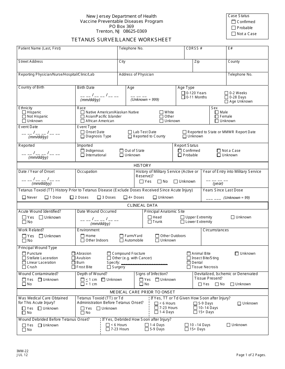 Form IMM-22 Tetanus Surveillance Worksheet - New Jersey, Page 1