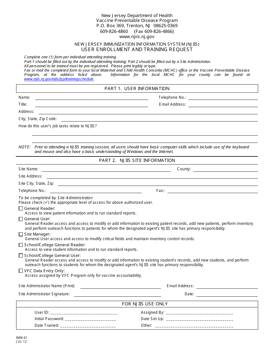 Form IMM-41 Njiis User Enrollment and Training Request - New Jersey, Page 1