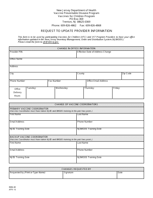 Form IMM-48 Vaccines for Children Program Request to Update Provider Information - New Jersey