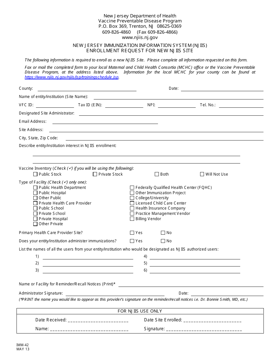 Form IMM-42 Enrollment Request for New Njiis Site - New Jersey, Page 1