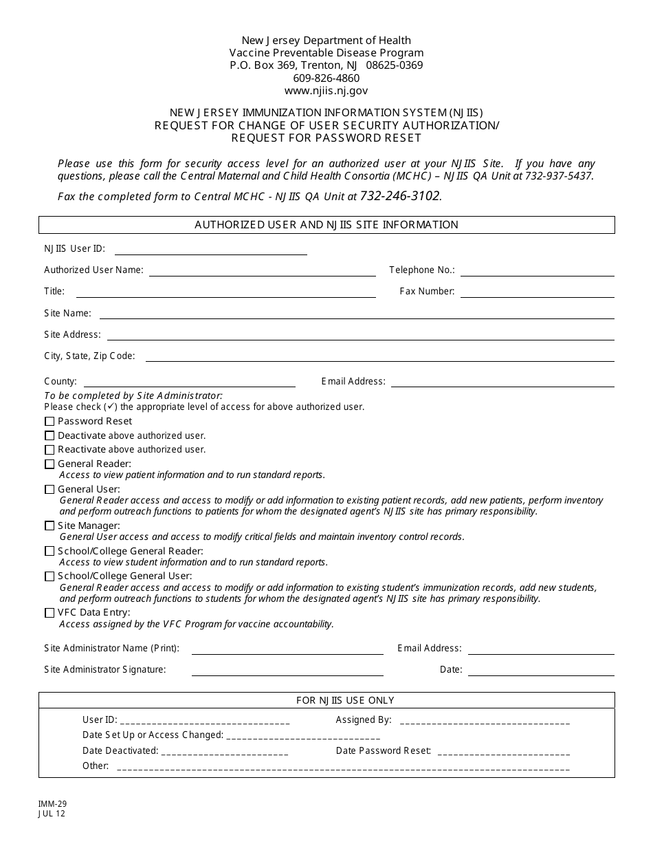 Form IMM-29 New Jersey Immunization Information System (Njiis) Request for Change of User Security Authorization / Request for Password Reset - New Jersey, Page 1