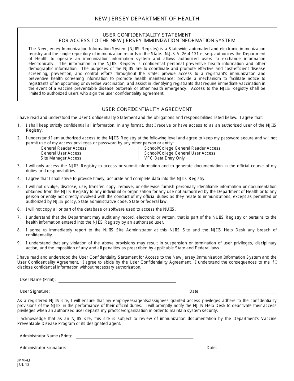 Form IMM-43 User Confidentiality Statement for Access to Njiis / User Confidentiality Agreement - New Jersey, Page 1