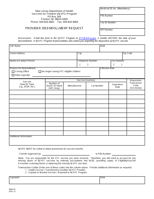 Form IMM-30 Provider Disenrollment Request - New Jersey