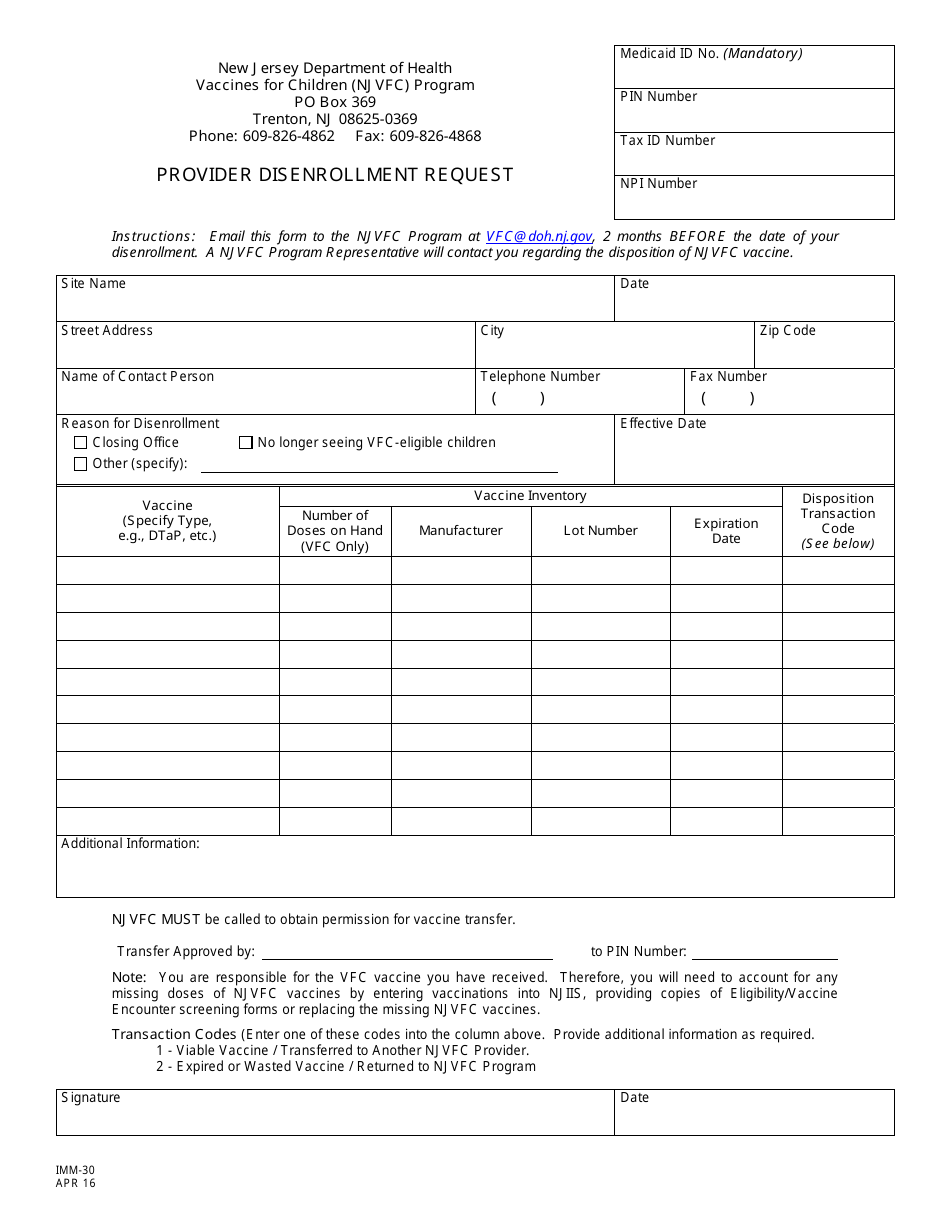 Form IMM-30 Provider Disenrollment Request - New Jersey, Page 1