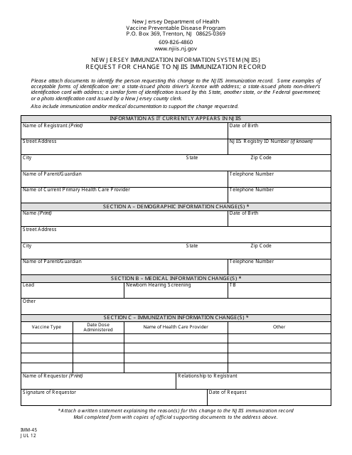 Form IMM-45 Request for Change to Njiis Immunization Record - New Jersey