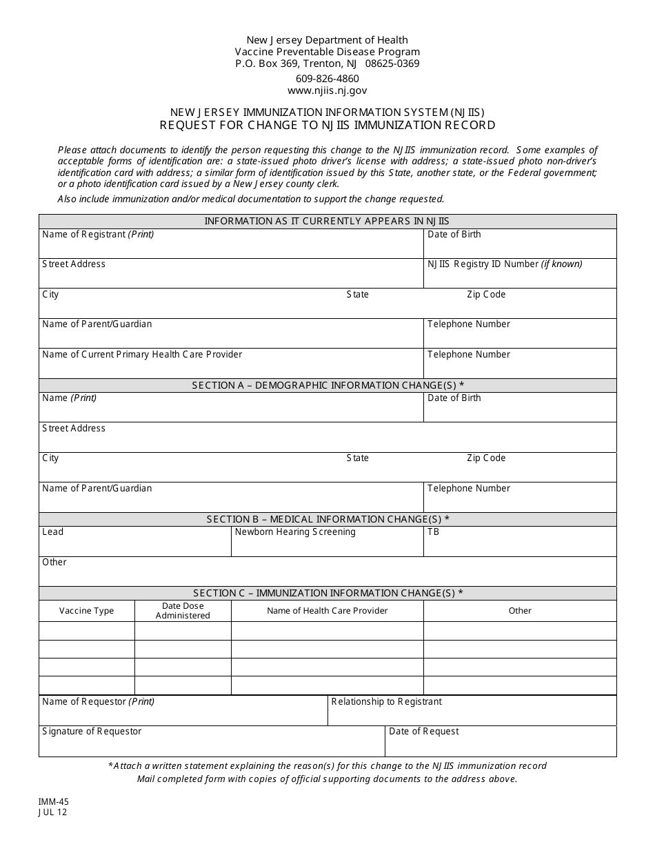 Form IMM-45 Request for Change to Njiis Immunization Record - New Jersey, Page 1